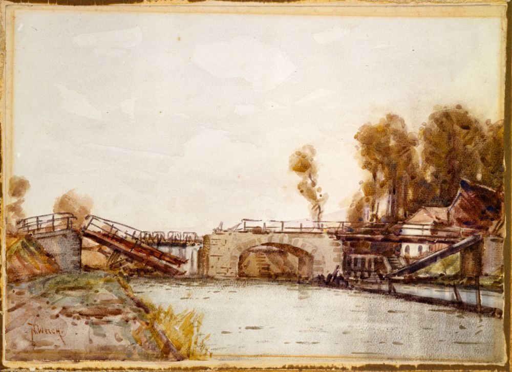 A painting by Nugent Welch, 'Bridge, Canal de l'Escaut, Crevecourt'. 1918.